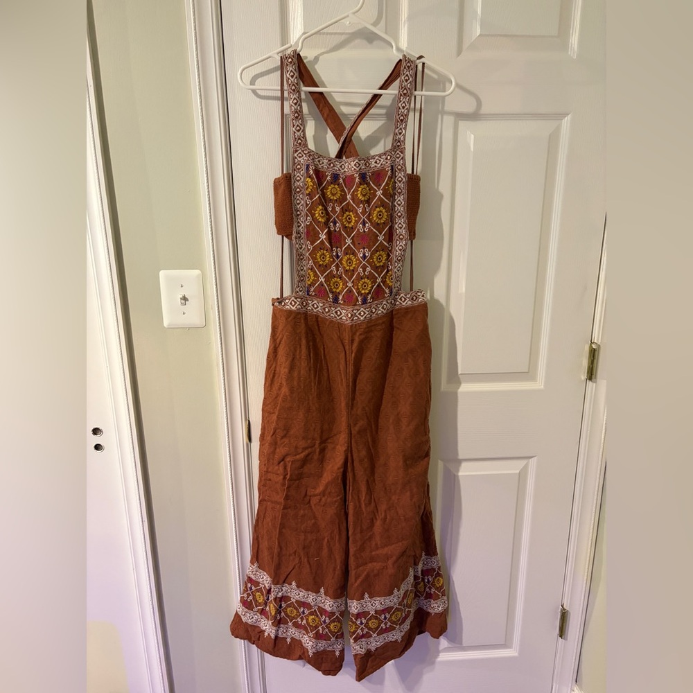 Anthropologie Brown and Yellow Embroidered jumpsuit
